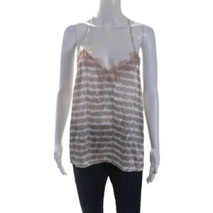 Cami Womens Silk Striped V-Neck Lace Trim Pullover Tank Top Blouse Beige Size L